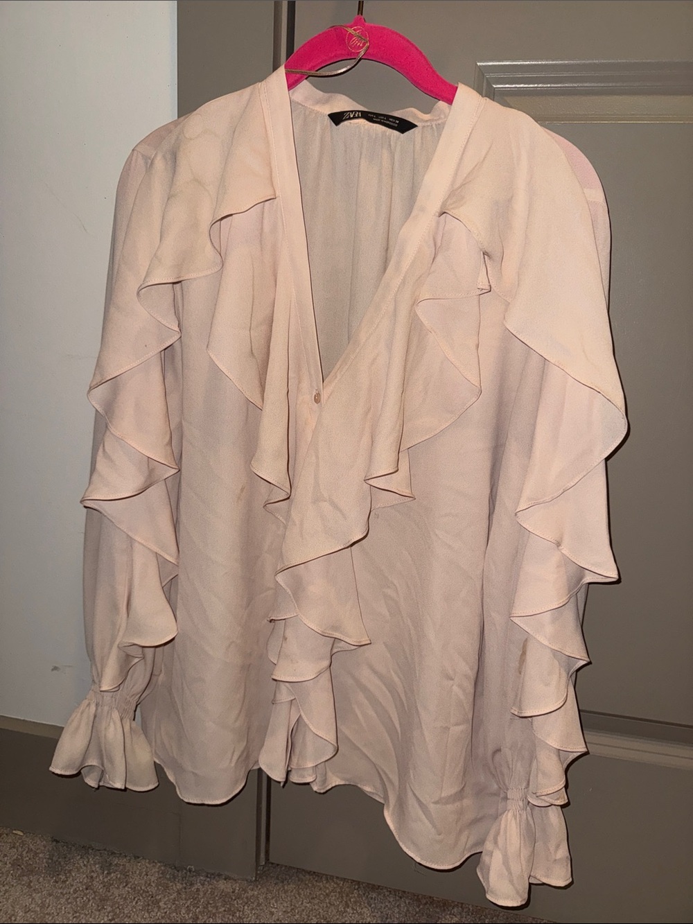 Zara Pale Blush Ruffle-Trim V-Neck Blouse
